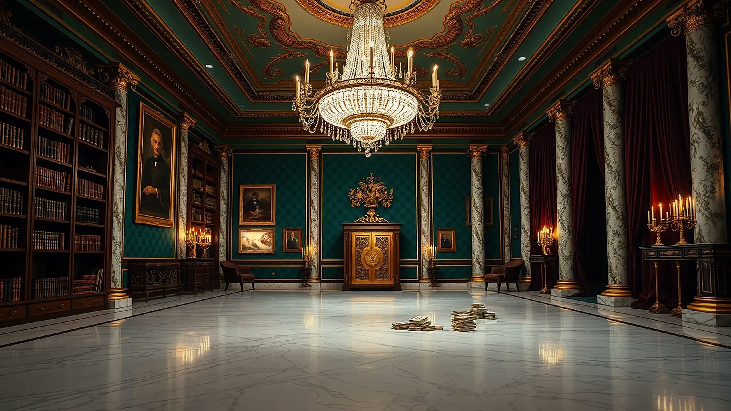 A palace library with a crystal chandelier and marble floor